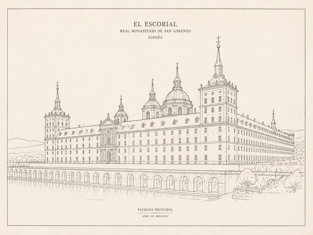 Ilustración lineal del Real Monasterio de San Lorenzo de El Escorial
